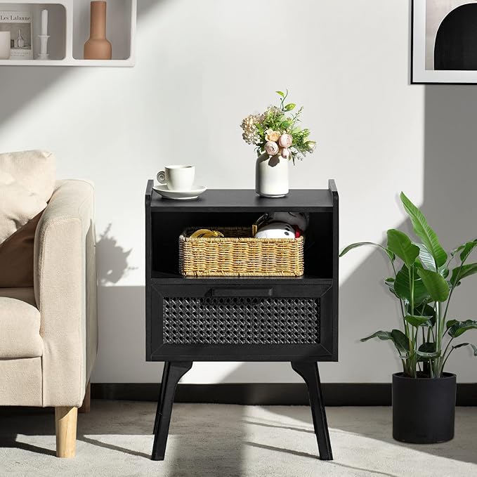 Lerliuo Rattan Nightstand, Side Table with Drawer Open Shelf, Cane Accent Bedside End Table with Solid Wood Legs, Mid Century Modern Night Stand for Bedroom, Dorm and Small Spaces (Black)-Ruum Studio Home
