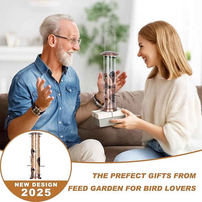 FEED GARDEN Metal Bird Feeders for Outdoors Hanging, 6-Port Tube BirdFeeders for Outside, Finch Feeders for Outside, Brushed Copper Finishing, Bird Feeder with Heavy Duty Metal Lid, Chew-Proof 1 Pack-Ruum Studio Home