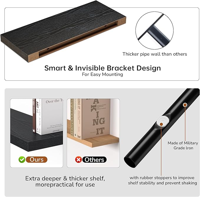 Floating Shelves - 2 Pack 9 Inch Rustic Wooden Wall Shelves - Extra Deeper & Thicker Wall Mounted Storage Shelf for Living Room, Kitchen, Farmhouse - 24" W x 9" D x 1.6" H - Rustic Black-Ruum Studio Home