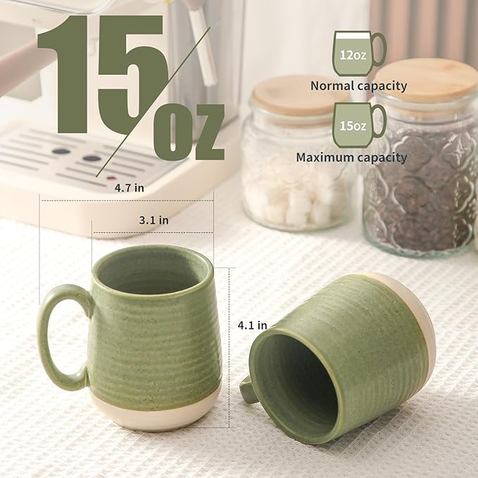 Large Ceramic Coffee Mugs Set - 15 OZ Porcelain Coffee Latte Cups Set of 4 with Handle Perfect for Cappuccino, Tea, Mocha, Hot or Cold Drinks, Unique Glaze Design for Home, Cafe and Coffee Bar, Green-Ruum Studio Home