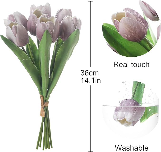 Light Purple Artificial Tulips, 2 Bundles 14Pcs, Fake Tulips Artificial Flowers, 2 x 2.4 Inch Large Flower Head Big Tulip, Easter Valentine's Day Mother's Day Home Decoration Flowers-Ruum Studio Home