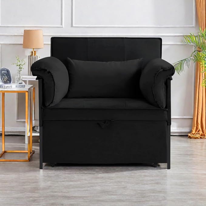 Pull Out Sofa Bed, Convertible Sleeper Chair Bed with Lumbar Pillow, 3-in-1 Sofa Chair with 3 Adjustable Backrest, Armchair Sleeper Small Couch for Small Spaces Living Room Black-Ruum Studio Home
