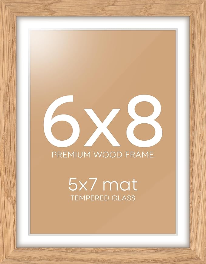 Homeforia 6x8 Picture Frame Natural Wood, High End Oak 6x8 Light Wooden Frames with Mat 5x7 for Photo, 6 x 8 Frame Matted to 5 x 7 Print, 8x6 Wall or Tabletop Frame, Tempered Glass, Wall Kit, Set of 1-Ruum Studio Home