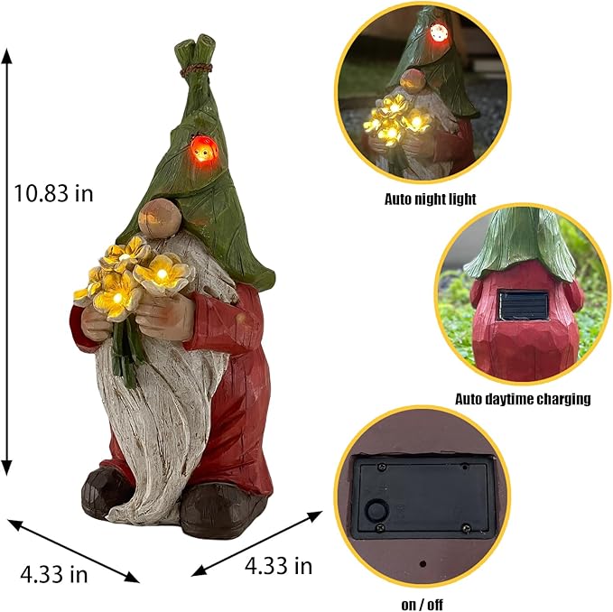 COWOS Garden Gnome Statue Outdoor Decor, Solar Garden Gnome Figurine Light, Resin Statues Sculpture for Patio Yard Lawn Outdoor Decorations-Ruum Studio Home
