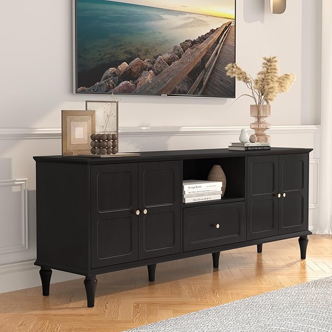 ARTPOWER 67'' Mid-Century Modern TV Stand with Storage Drawer and Doors, Long TV Stand with Adjustable Shelves for 75 Inch TV for Living Room, Bedroom, Black-Ruum Studio Home