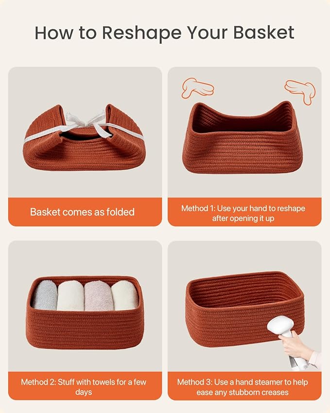 KALLAX Small Woven Basket, 12 x 8 x 4.5 Inches, Storage Basket for Organizing, Cute Small Rope Shelf Closet Cube Storage Bins Baskets for Shelves, Dog Toy Gift Baskets Empty, 3 Pack Rust Red-Ruum Studio Home