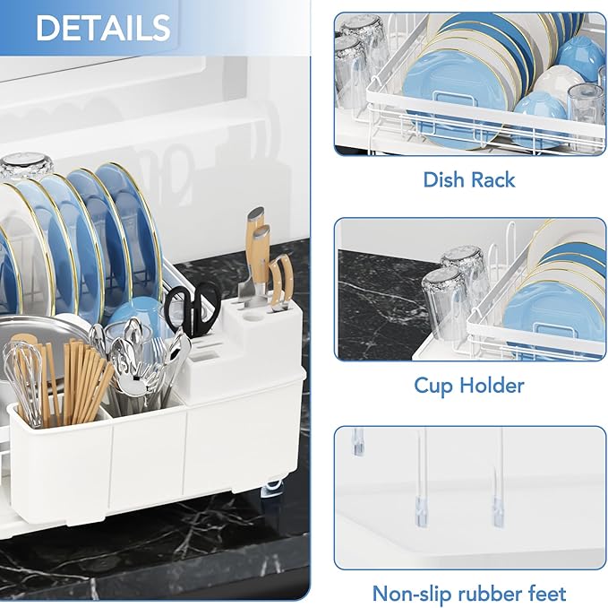 ROTTOGOON Expandable Dish Drying Rack,Multifunctional Adjustable Dish Drainer with Swivel Spout and Anti-Rust Dish Rack with Removable Cutlery & Cup Holders for Kitchen Counter,White-Ruum Studio Home
