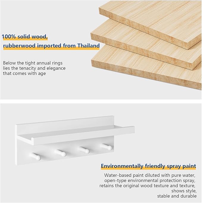 Wood Coat Hook with Wall-Mounted Shelf,15.75in Entryway Wall Hanging Shelf,for Bathroom, Kitchen,Coat Towel Key Organizer White YD-WS0240W-Ruum Studio Home