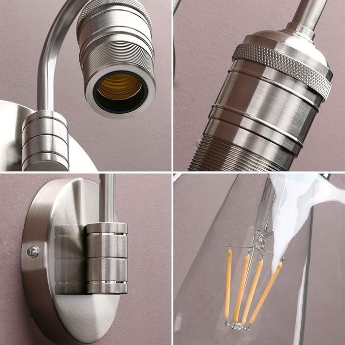 Yosoan 1-Light Brass Modern Vintage Indoor Wall Sconce, Vanity Single Luxury Hardwired Retro Textured Clear Oval Cone Glass Shade with Industrial Gooseneck Curved Rod Bathroom Lamp(Brushed)-Ruum Studio Home
