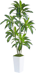 Artificial Dracaena Tree Artificial Silk Tree Faux Tree Fake Tropical Yucca Floor Plant with White Tall Planter (1, White Tall Planter, 6FT)-Ruum Studio Home