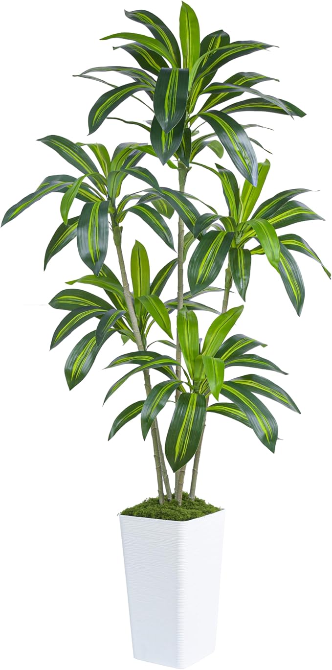 Artificial Dracaena Tree Artificial Silk Tree Faux Tree Fake Tropical Yucca Floor Plant with White Tall Planter (1, White Tall Planter, 6FT)-Ruum Studio Home