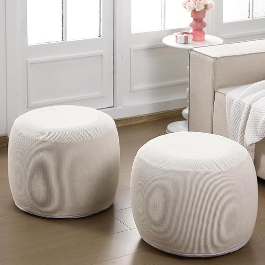 2 Pack Round Inflatable Pouf Ottoman Foot Rest for Couch 20 x 16 Inch Cozy Portable Floor Corduroy Poufs Foot Stool Ottoman with Pump for Living Room Bedroom Chair, Beige-Ruum Studio Home