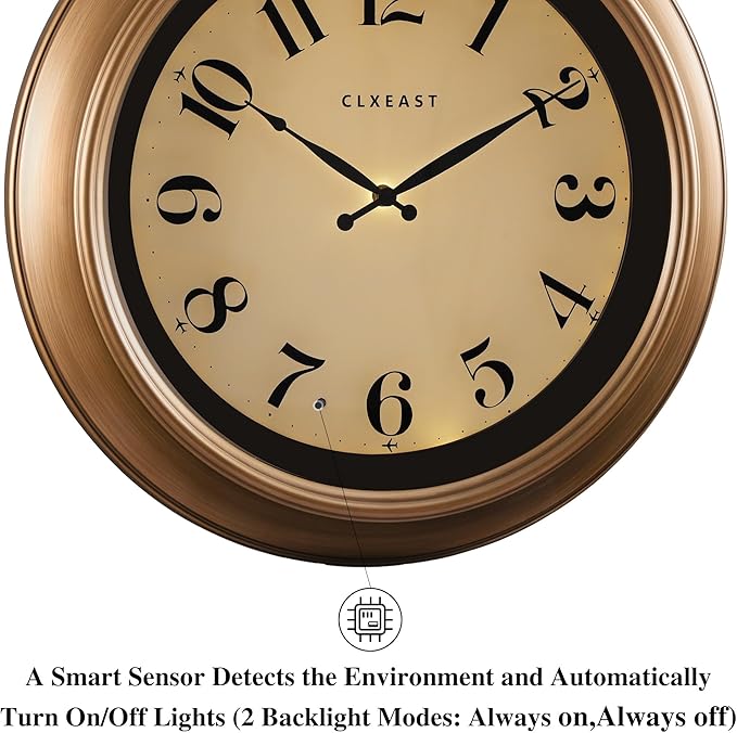 CLXEAST 18 Inch Glow in The Dark Wall Clocks for Living Room Decor, Large Illuminated Gold Wall Clock,Antique Brushed Gold,House Warming Gifts New Home-Ruum Studio Home