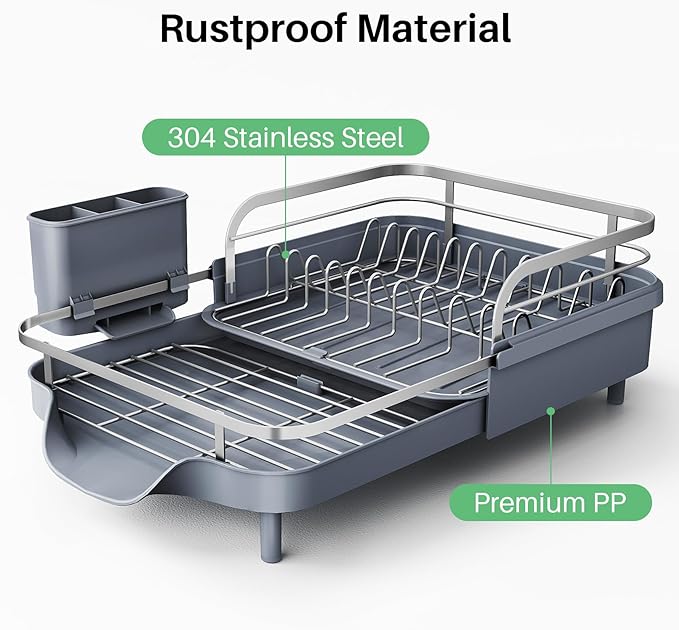 Dish Drying Rack, Expandable Dish Rack for Kitchen Counter, Stainless Steel Dish Drainer with Drainboard Set and Utensil Holder (Gray)-Ruum Studio Home