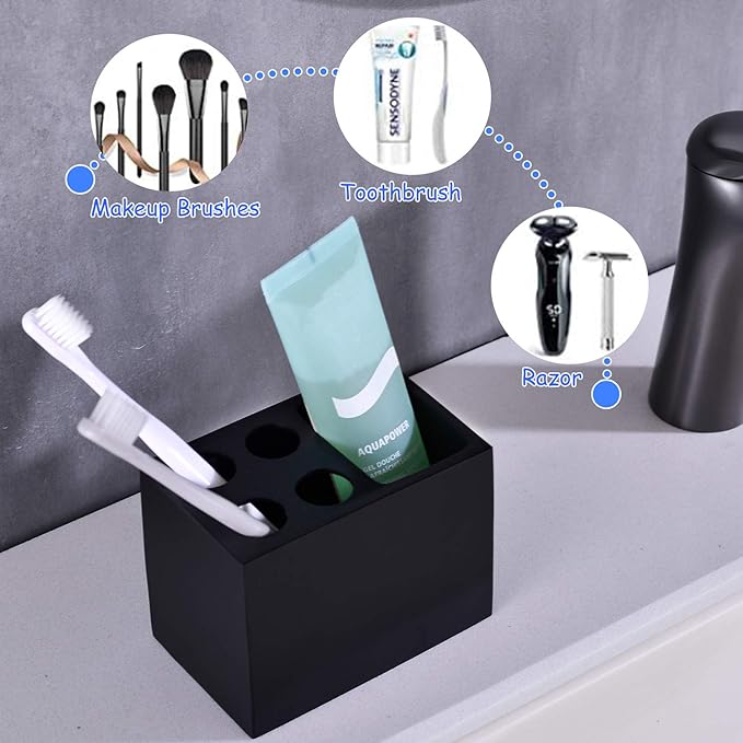 Resin Black Toothbrush Holder JINCROP, 5 Slots Toothbrush Holder Matte Black Bathroom Storage Stand Dispenser Organizer Set for Toothbrushes, Make-up Brushes and More, (Matte Black)-Ruum Studio Home