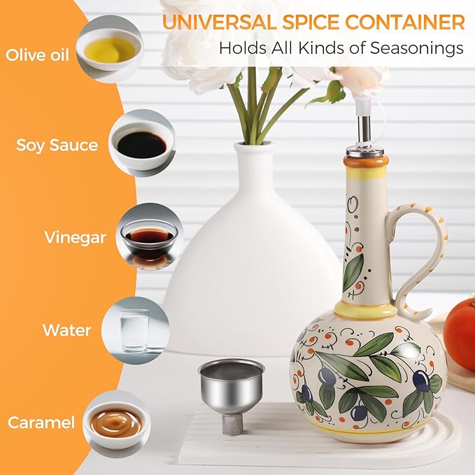 Ceramic Olive Oil Dispenser Bottle 23oz with Handles, Hand Painted Multi-Use Oil Cruet & Flower Vase, Decorative Stoneware Kitchen Cruet with Stainless Steel Spout for Oils, Sauces, Vinegar (A)-Ruum Studio Home