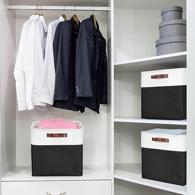 13x13 Cube Storage Bins, Collapsible Fabric Storage Box, 4 Pack Closet Baskets with Handles for Organizing, Shelf, Toys, Clothes, Home, Office, Nursery (Black&White)-Ruum Studio Home