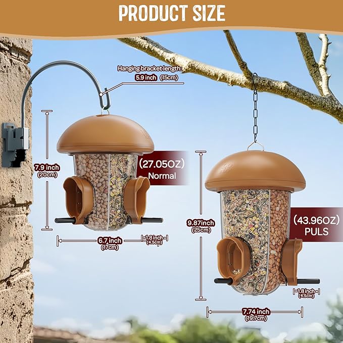 LONA Bird Feeders for Outdoors Hanging – 3 Separate Compartments, 3 Feeding Ports, Weatherproof Dome & 3 Ways to Hang, Large Capacity for Cardinals/Finches (Brown，Plus-Ruum Studio Home