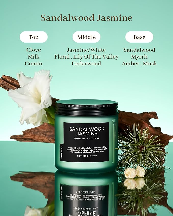M&SENSE Sandalwood Jasmine Scented Candle, 11.6oz 70 Hours Burn Time Clean Non Toxic Natural Soy Wax Candle 2 Cotton Wick Home Decor for Mothers Day & Bathroom Bedroom-Ruum Studio Home