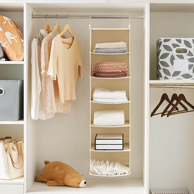 MAX Houser 6 Tier Shelf Hanging Closet Organizer, Cloth Hanging Shelf with 2 Sturdy Hooks for Storage, Foldable (Beige)-Ruum Studio Home
