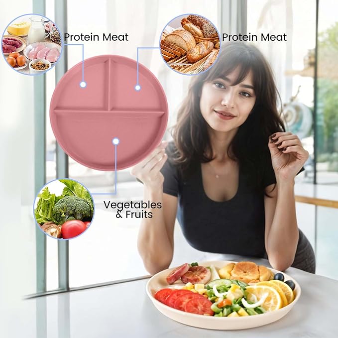10 Pcs Unbreakable Divided Plates for Kids Adults, 9 Inch Round Portion Control Plate, 3 Compartment Plates with Dividers, Lightweight Reusable Dinnerware Portion Control Plastic, Dishwasher Safe-Ruum Studio Home