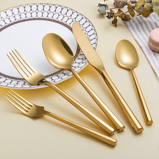 Silverware Set Flatware Set Shiny Gold Cutlery Set with Hexagon Handle Forged Stainless Steel Heavy 20 Pieces For Home Hotel Use Service for 4-Ruum Studio Home