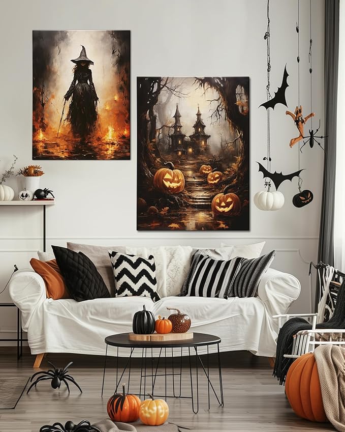 AbcCustomize Halloween Canvas Wall Art - Spooky Haunted House & Eerie Pumpkins Poster, Gothic Fall Decorations for Home, Vintage Halloween Decor Indoor for Living Room, Bedroom & Party-Ruum Studio Home
