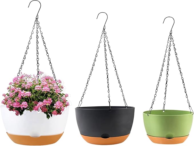 8/10/12 inch Hanging Planters for Indoor Outdoor Plants with Self-Watering Pots, 3 Pack Plastic Hanging Basket with Removable Tray for Home Garden Porch Balcony Patio Decor(White+Black+Green)-Ruum Studio Home
