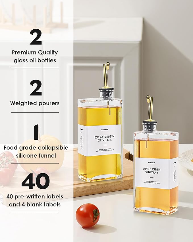 Olive Oil Dispenser For Kitchen, Glass Oil Bottle 500ML Oil And Vinegar Dispenser Set Of 2, Cooking Oil Dispenser With 2 Stainless Steel Pourers & 44 Labels, Soy Sauce Dispenser, Coffee Syrup Bottles-Ruum Studio Home
