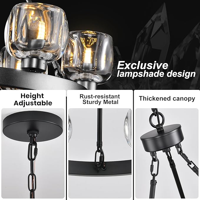 Black Wagon Wheel Chandelier, 24 Inch Black Chandeliers with Unique Glass Shade, 6-Light Crystal Farmhouse Wagon Wheel Chandeliers for Dining Room, Round Chandelier for Living Room, Foyer, Entryway-Ruum Studio Home