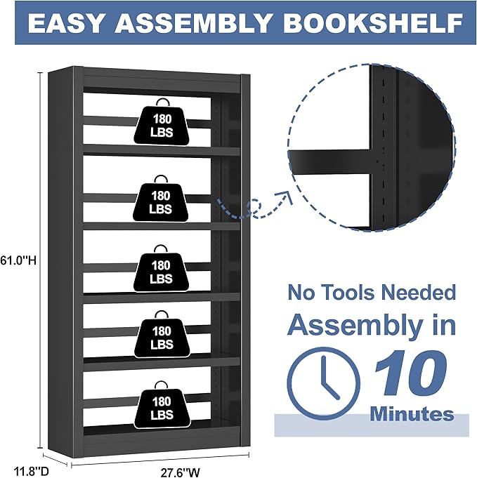 Metal Bookshelf Adjustable - 61" Tall Black Bookcase, 5 Tier Book Shelf, Tooless Assembly Book Case, Modern Bookshelves and Bookcases for Home Office, Living Room, Bedroom, Library-Ruum Studio Home