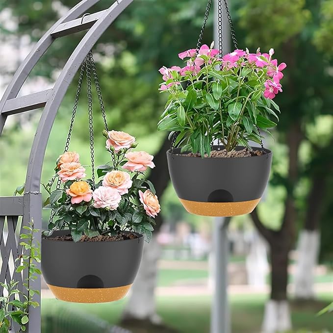 12 Inch Hanging Baskets 2 PC with Chains, Self-Watering Hanging Planters for Indoor Outdoor Plants, Plastic Hanging Flower Pots,Black Brown-Ruum Studio Home