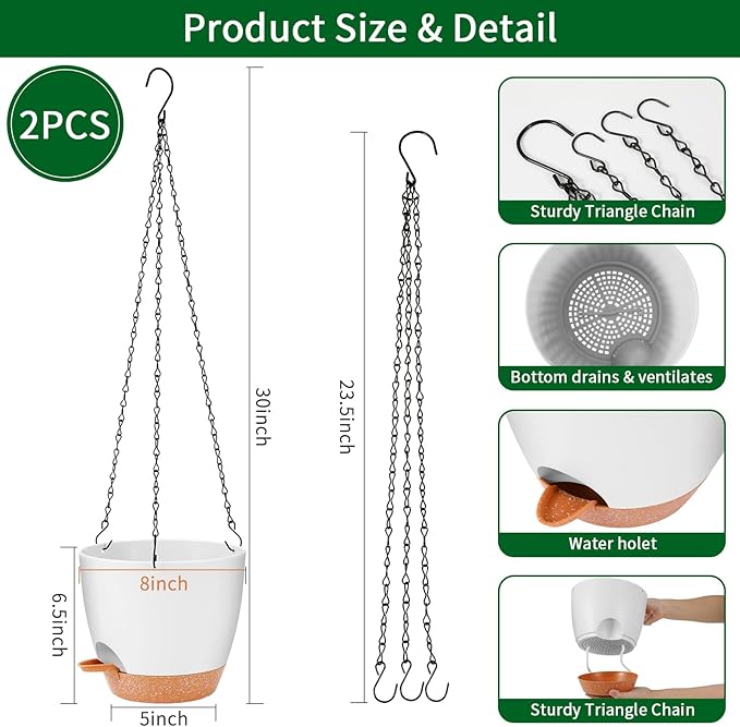 GARDIFE Hanging Planter, 8 inch Hanging planters for Indoor. Outdoor Plants, Self Watering Plant Pot, 2 Pack Large self Watering Hanging Planter (8-White, 8 inch)-Ruum Studio Home