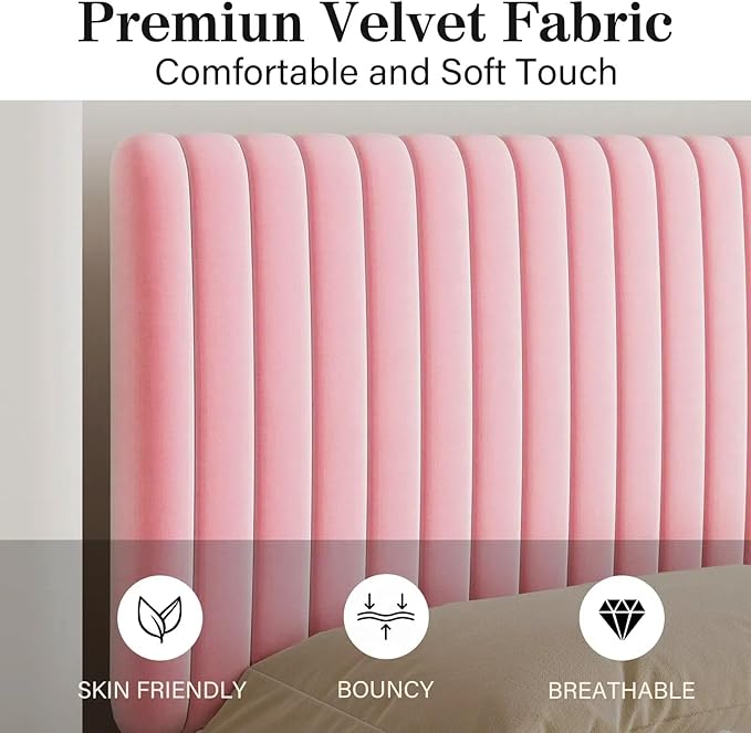King Size Bed Frame with Headboard, Velvet Upholstered Platform Bed with Vertical Channel Tufted Design, No Box Spring Required, Easy Assembly, Pink-Ruum Studio Home