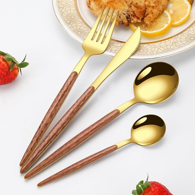 16 Pcs Gold Silverware Set with Simulated Wooden Handle for 4,Stainless Steel Cutlery Set,Mirror Polished Tableware Utensils Flatware Set,Include Knives Spoons and Forks set,Dishwasher Safe-Ruum Studio Home