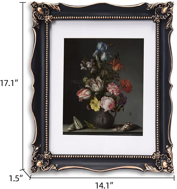 11x14 Vintage Picture Frame with Embossed Flower Design, Black Ornate Frame for 11x14 or 8x10 Pictures with White Mat, Home Decor (Black, 8x10)-Ruum Studio Home