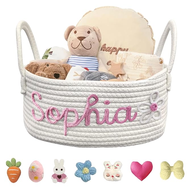 Personalized Baby Basket with Name Custom Cotton Rope Storage Bin for Diaper Caddy, Organizer, Keepsake - Shower Gift-Ruum Studio Home