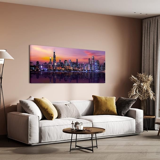 Fochorlo Large Chicago Canvas Modern City Skyline Wall Art Downtown Night Picture Prints Ready To Hang 20"X48"-Ruum Studio Home