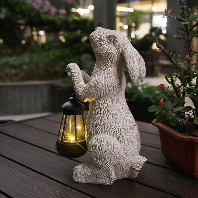 Garden Statues Rabbit with Solar Lights-Bunny Figurine Halloween Decorations Outdoor Rabbit Decor for Lawn,Balcony-Yard Art Garden&Patio Decor,Unique Housewarming&Birthday Gifts for Women Mom-Ruum Studio Home