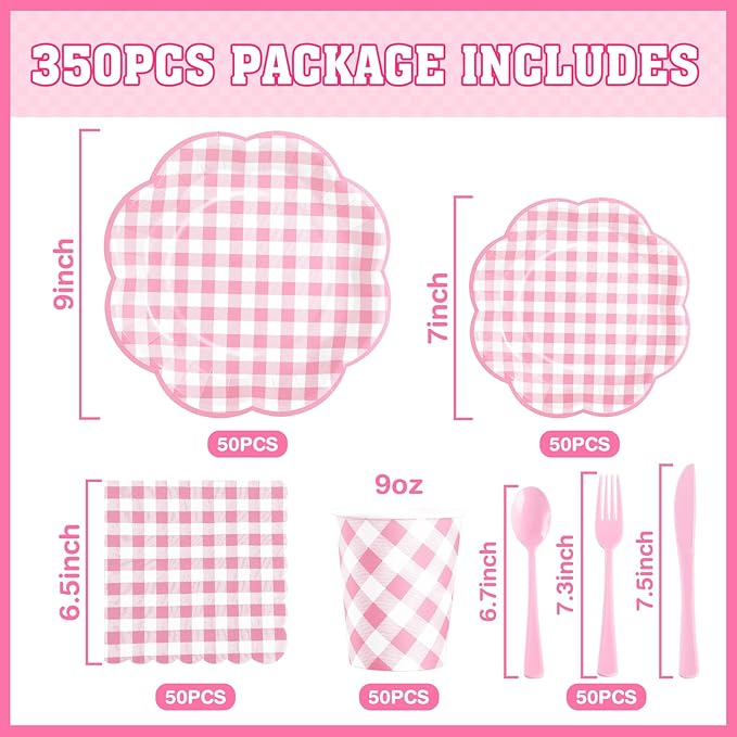 350 Pcs Pink Gingham Plates and Napkins Party Supplies - Pink and White Checkered Plates Sets Serve 50 Guests - Scalloped Gingham Paper Plate for Birthday Wedding Picnic Party Decorations-Ruum Studio Home