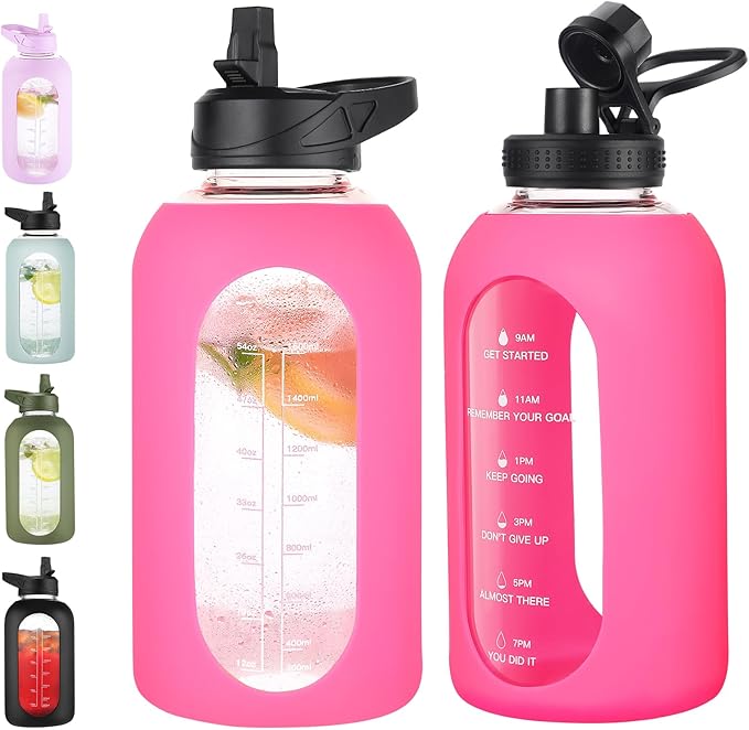 64 oz Glass Water Bottle With Straw and Handle, Half Gallon Sports Motivational Water Jug Flask with Silicone Sleeve, Large Water Cup with Time Marker for Travel, Gym, Hot Pink-Ruum Studio Home