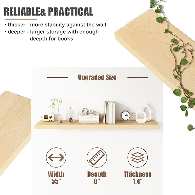 Floating Shelves for Wall, USA-Sourced Maple Wood 55 Inch Long Wall Shelves, Natural Wooden Mounted Picture Ledge Shelf, Nursery Book Storage Shelf Kids Bookshelf, Display Shelf for Bathroom-Ruum Studio Home