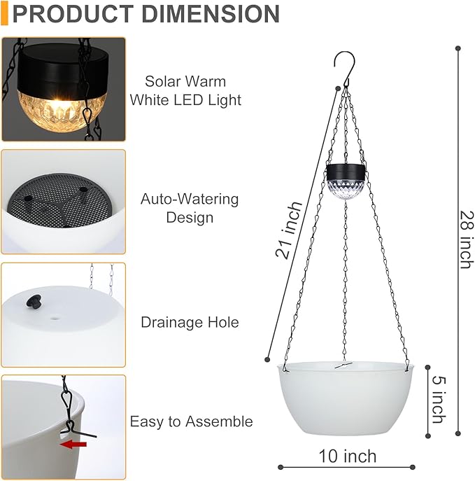 2 Packs Hanging Planters Basket for Outdoor Plants, Solar Powered Self Watering White Round Plastic Flower Pots with Drainer for Balcony Patio Garden Outdoor Decoration-Ruum Studio Home