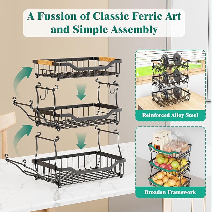 Giwil 3 Tier Countertop Fruit Basket for Kitchen, Vegetable Storage Bread Fruit Bowl Stand with 2 Banana Hooks, Wall Mounted Metal Wire Basket Organizer for Potato Onion, Black-Ruum Studio Home
