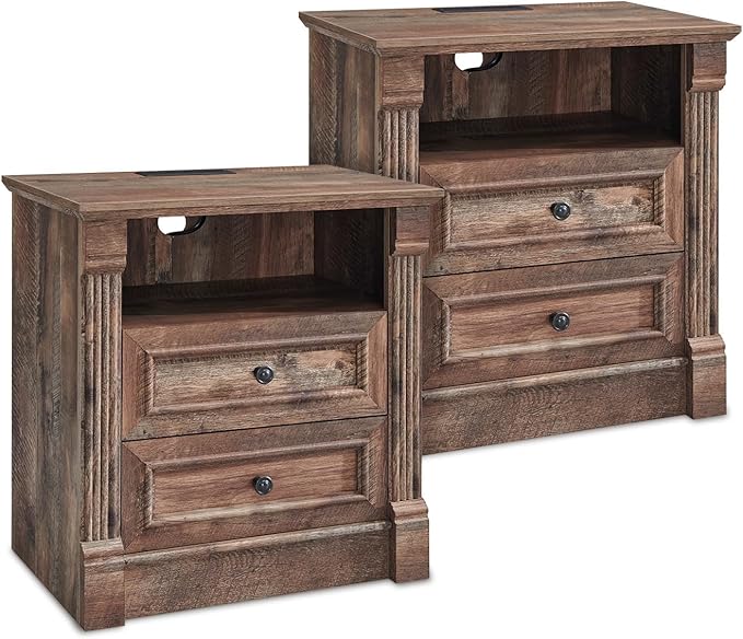 26" Tall Farmhouse Nightstand Set of 2, 2 Drawers End Table w/Charging Station, 23.6" Wide Large Side Table w/Roman Column, Wood Rustic Sofa Table w/Open Shelf, Bedside Table for Bedroom, Light Brown-Ruum Studio Home