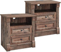 26" Tall Farmhouse Nightstand Set of 2, 2 Drawers End Table w/Charging Station, 23.6" Wide Large Side Table w/Roman Column, Wood Rustic Sofa Table w/Open Shelf, Bedside Table for Bedroom, Light Brown-Ruum Studio Home