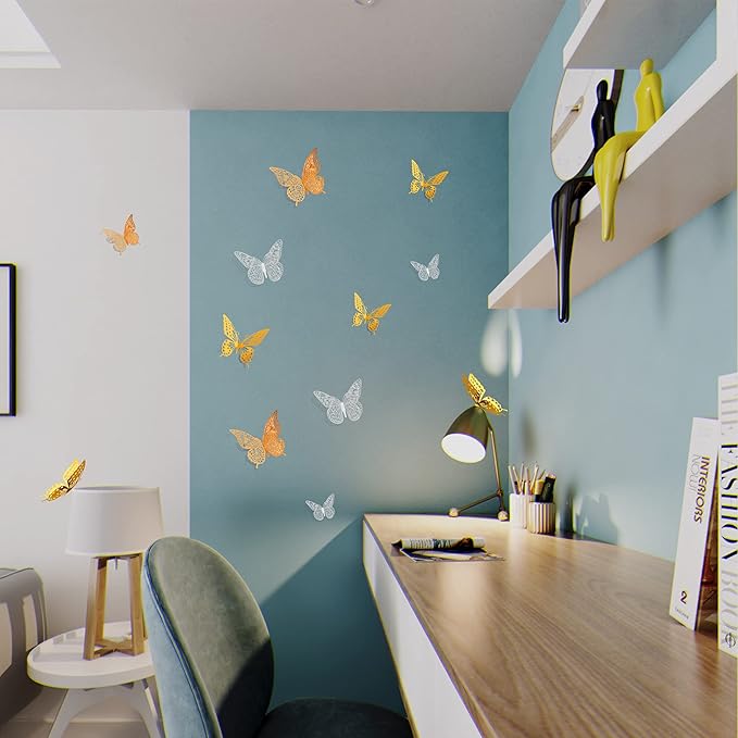 SAOROPEB 3D Butterfly Wall Decor, 72 Pcs 3 Styles 3 Sizes, Removable Metallic Wall Decor Sticker Room Mural Decals for Kids Bedroom Nursery Classroom Party Decoration Wedding Decor DIY Gift (3 Color)-Ruum Studio Home