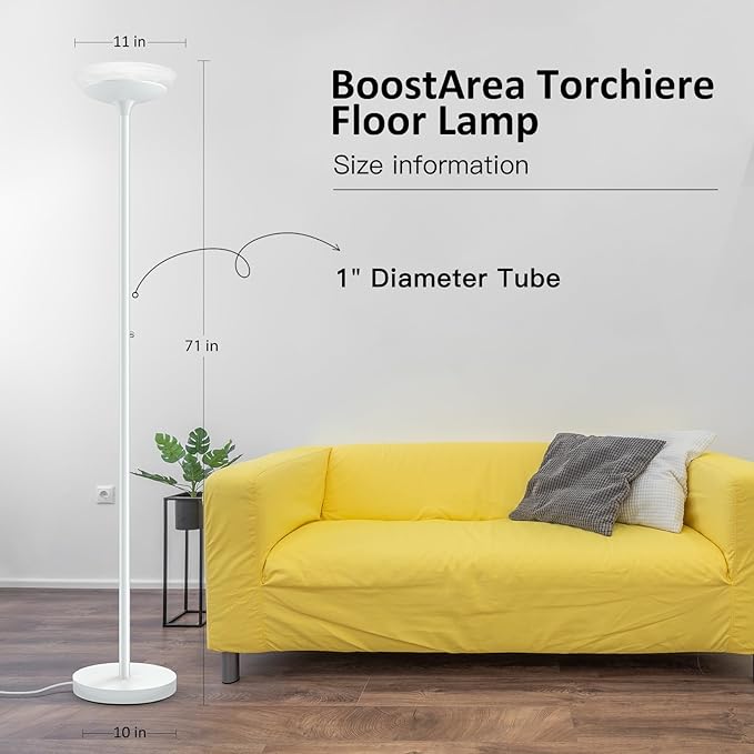 BoostArea Torchiere Floor Lamp, 24W Super Bright LED Standing Lamp, Stepless Dimmable Pole Lamp with 3000K Lighting, Glass Lampshade, 71Inch Tall Metal Modern Floor lamps for Living Room/Bedroom White-Ruum Studio Home