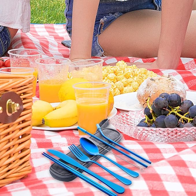 Travel Utensils Set with Case Reusable Portable Cutlery Set Stainless Steel 8pcs Including Dinner Knife Fork Spoon Chopsticks straws(Blue)-Ruum Studio Home