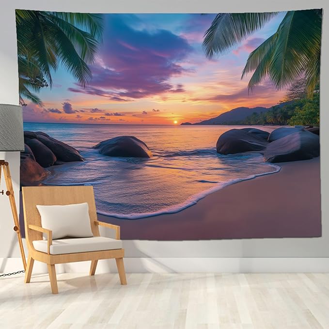 keowhsf Beach Sunset Ocean Tapestry – Tropical Palm Trees Wall Decor with Warm Orange Sky, Summer Seaside Landscape Wall Hanging for Bedroom Living Room Dorm-Ruum Studio Home